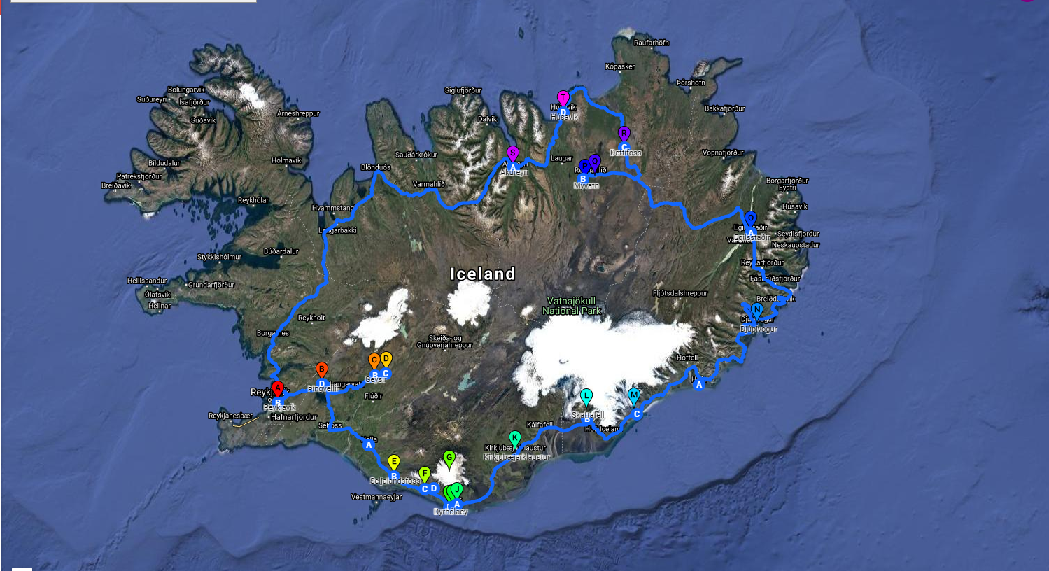 Mapa de la ruta de seis días en coche por Islandia