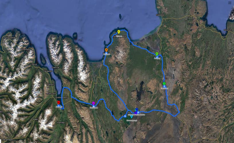 A map of the route taken on this seven-day winter self-drive tour of North Iceland.