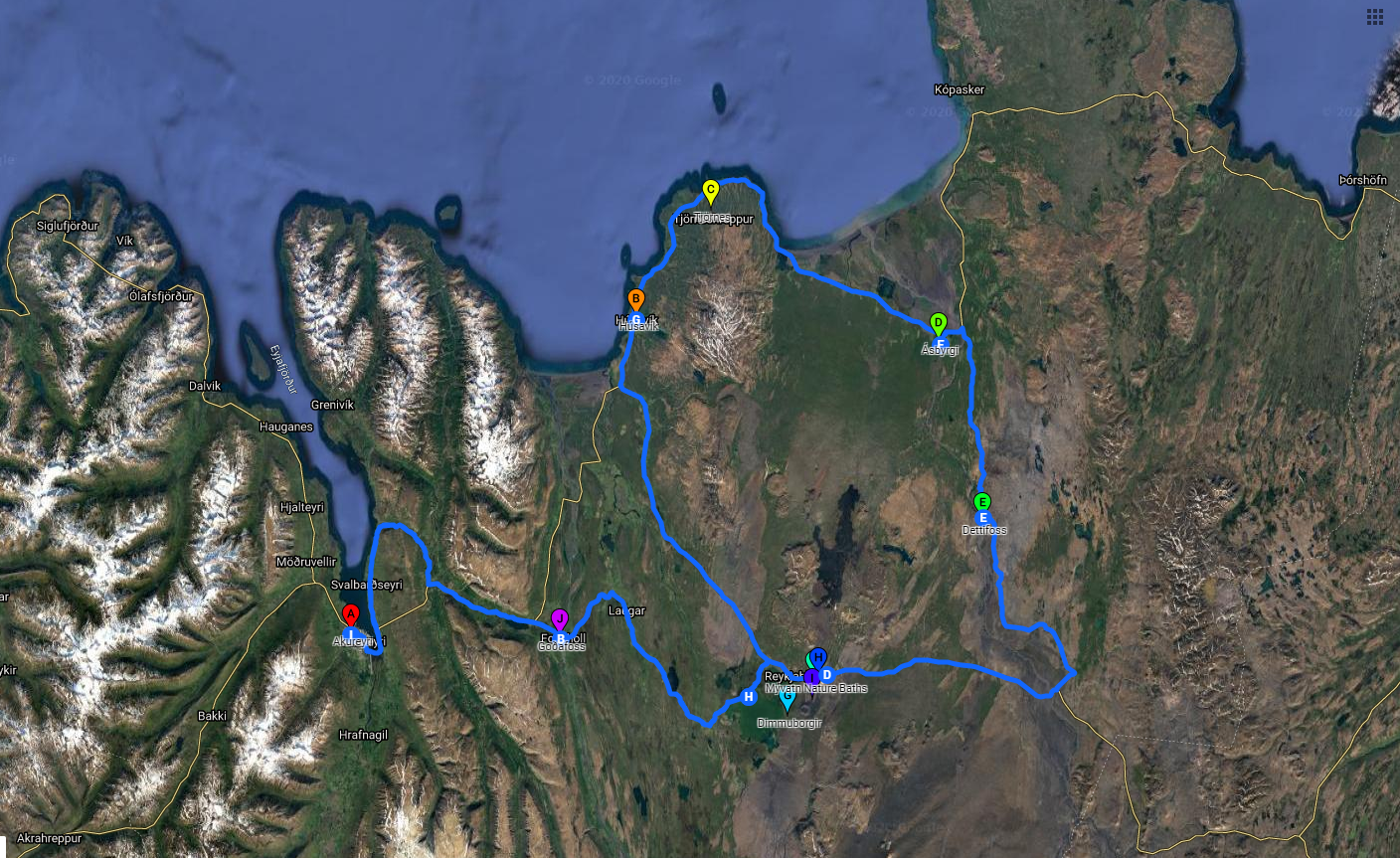 Una mappa del percorso seguito in questo tour in auto a noleggio di sette giorni dell'Islanda settentrionale.