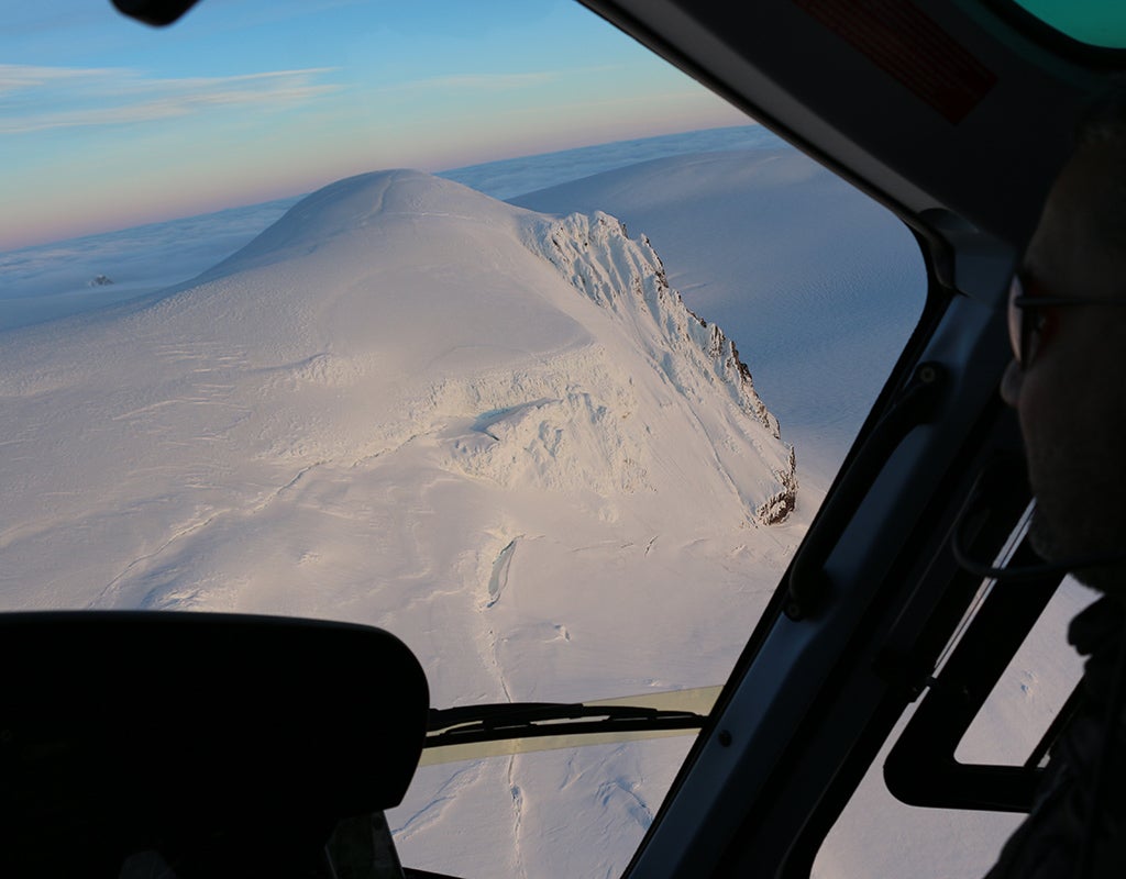 A brilliant, snowy view from a helicopter tour over Southeast Iceland.