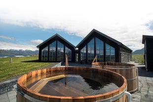 Two outdoor hot tubs located at the beer spa in the north of Iceland.