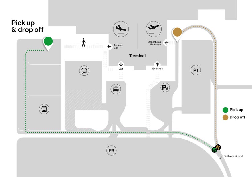 Map of rental car areas in Keflavik airport, Iceland.