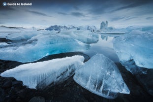 Pieces of ice floating in Jokulsarlon Glacier Lagoon in the Southeast of Iceland.