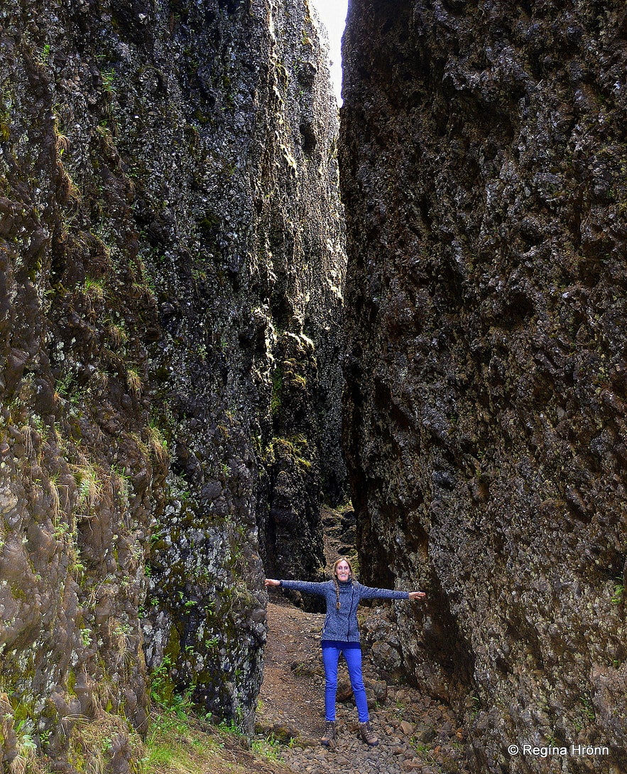 Regína inside Lambafellsklofi rift in SW-Iceland