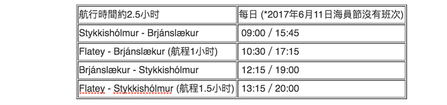 冰島Baldur渡輪夏季班次時間表