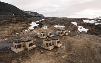An aerial view of the Dis Cottages on the Snaefellsnes Peninsula.