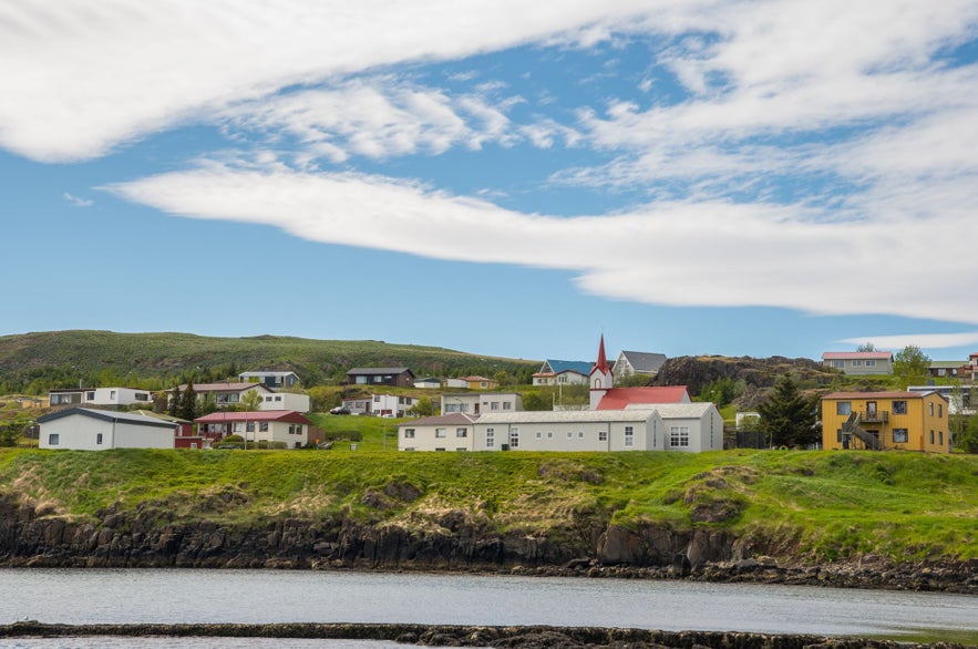 Vopnafjordur town seen on a sunny day.