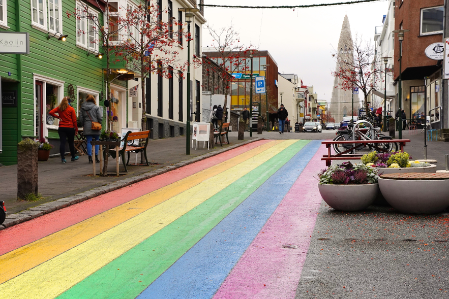 Rainbow road street in Reykjavik Iceland