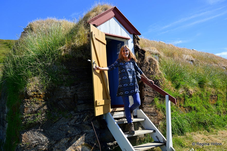 Regína at Laufás turf houses in North-Iceland