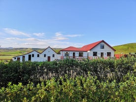 Solheimahjaleiga Guesthouse is surrounded by greenery in summer.