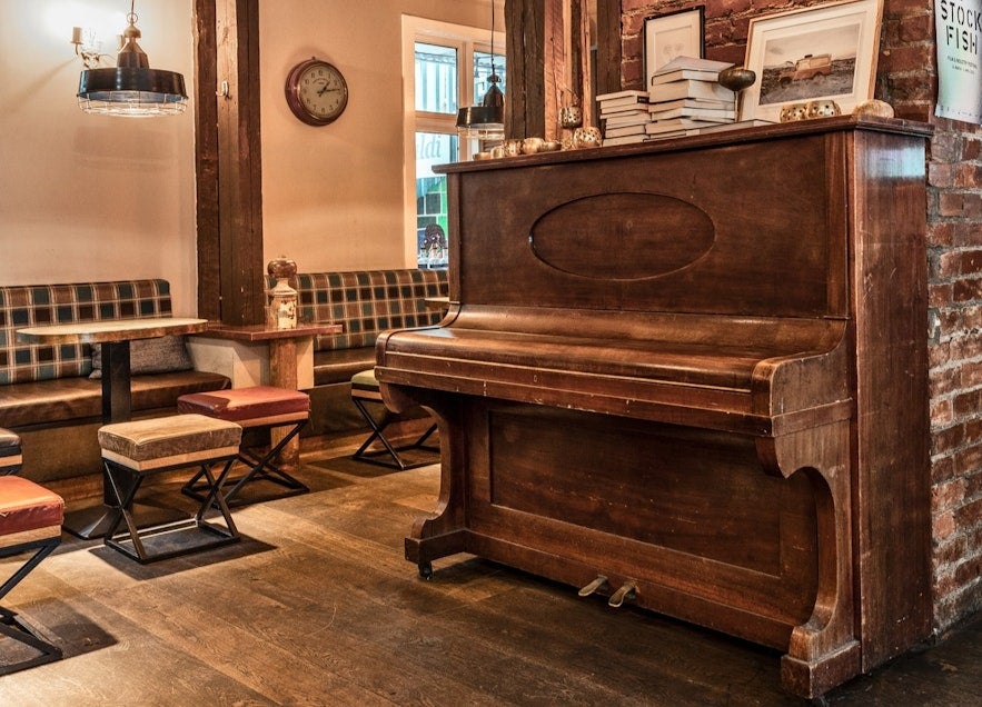 Piano at Kaldi bar old microbrewery in Iceland