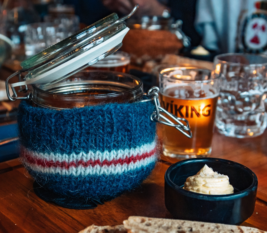 meat soup in a wool sweater and Icelandic beer