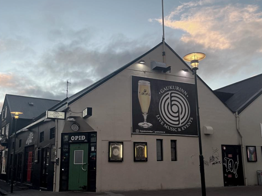 Outside Gaukurinn comedy venue in Iceland