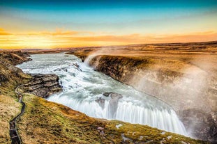 Gullfoss waterfall at sunset in Iceland.