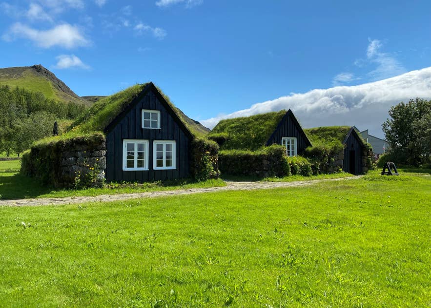 Traditional Icelandic turf houses with grass roofs at the Skogar Museum.