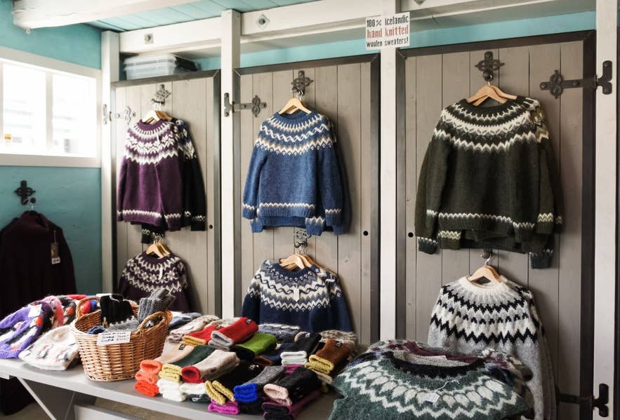 Souvenir items displayed inside a gift shop in Reykjavik, Iceland.