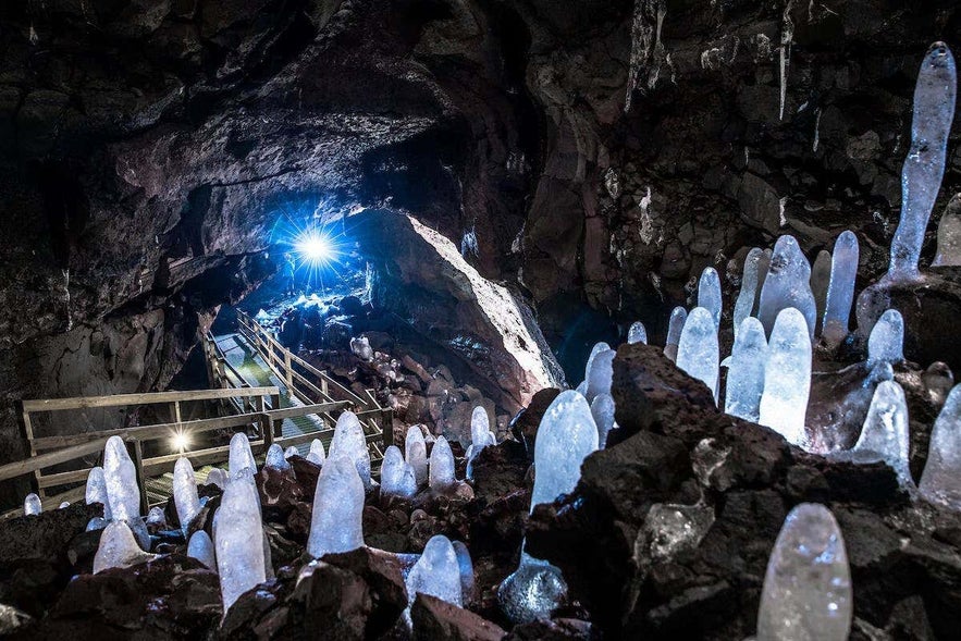 Vidgelmir cave has vast, colourful spaces and interesting ice structures