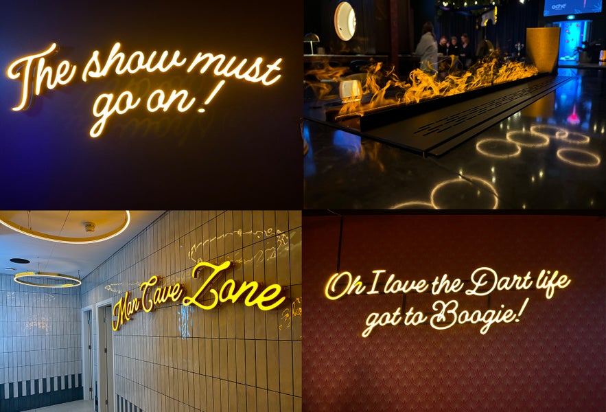 Oche Reykjavík is a fun place to go to and has many cool decorative features like these neon signs