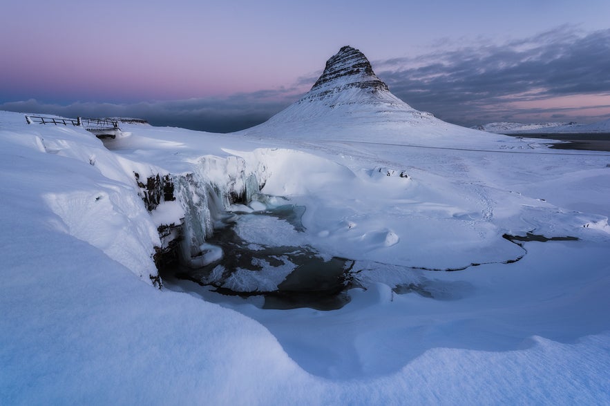 Winter views of mount Kirkjufell in west Iceland