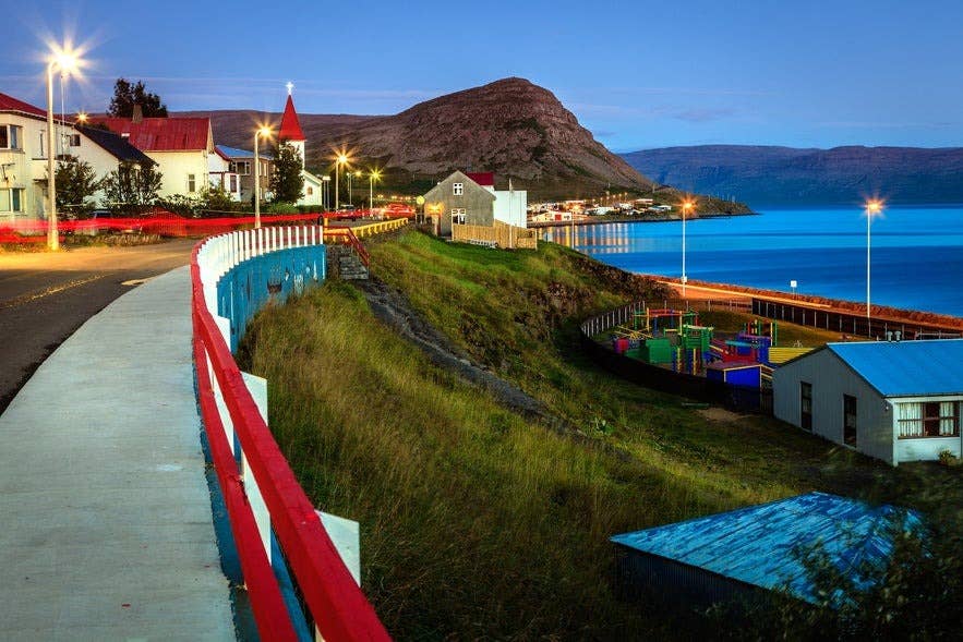 Evening lights in Patreksfjordur, Westfjords, Iceland, a coastal town with scenic views and places to stay in Iceland. Evening lights in Patreksfjordur, Westfjords, Iceland, a coastal town with scenic views and places to stay in Iceland.
