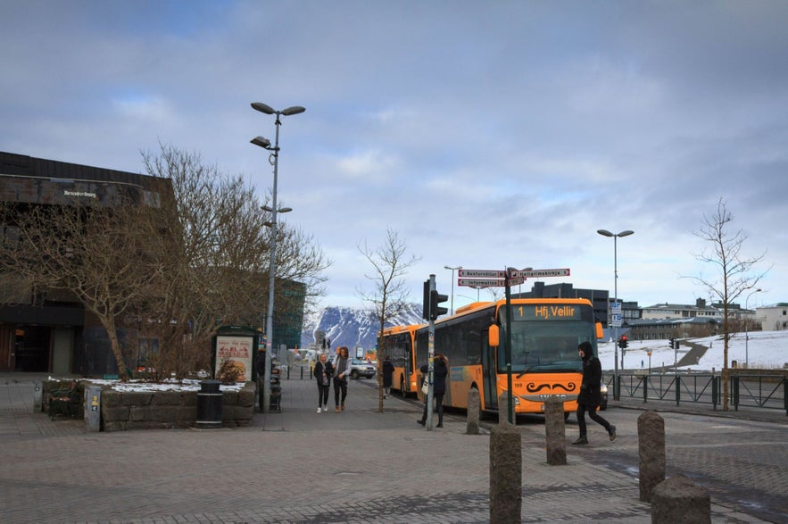 The bus stop at Laekjartorg square in downtown Reykjavik