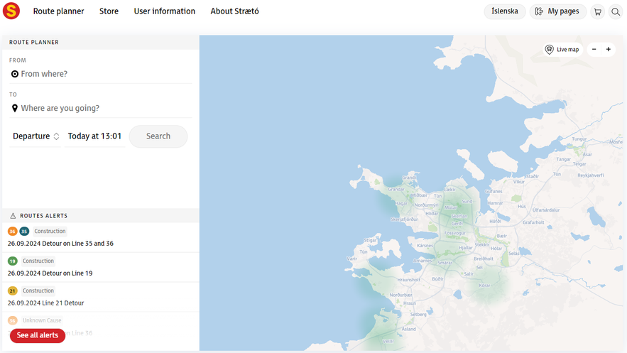 The route planner on the Straeto website