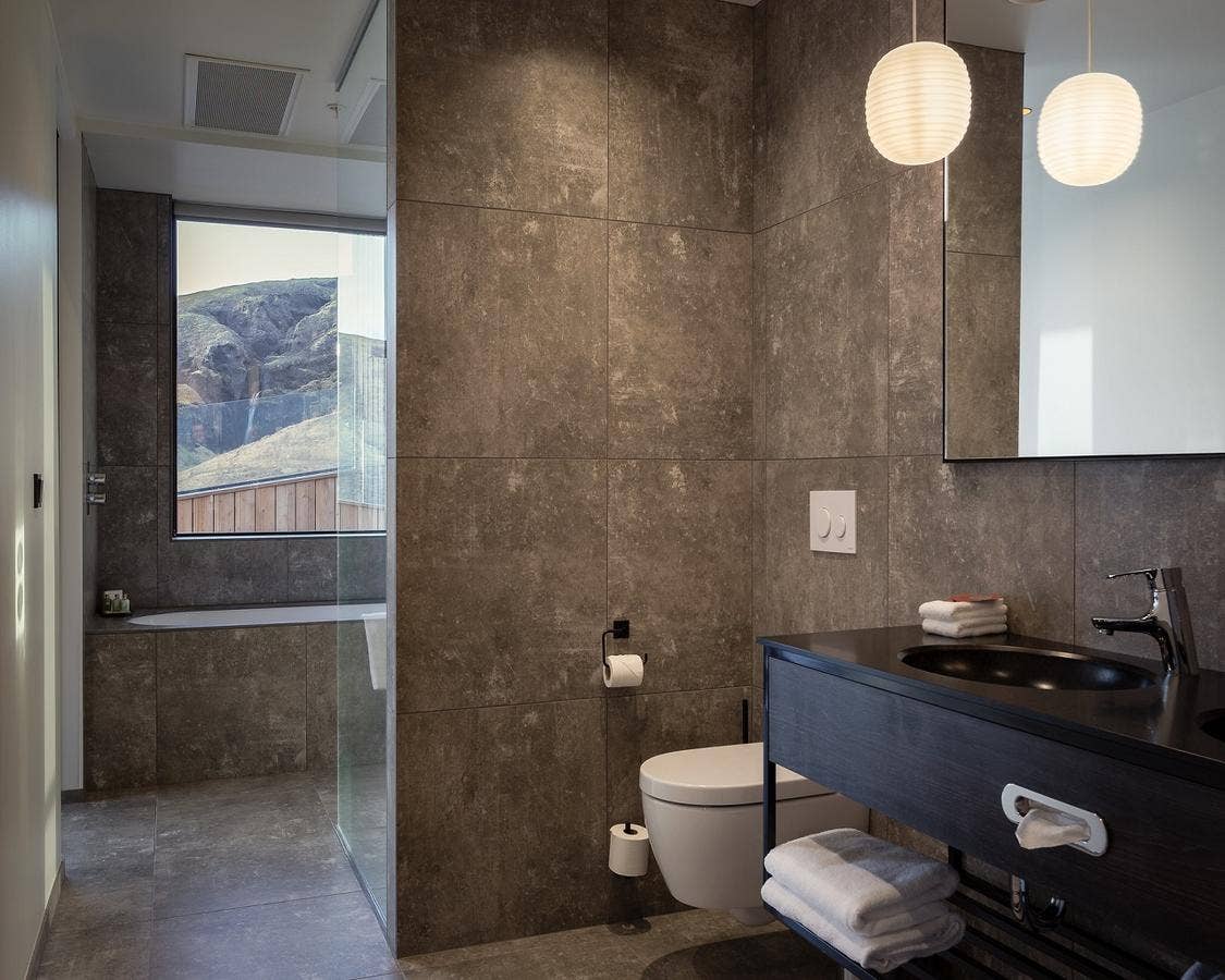 A bathroom at the Fosshotel Glacier Lagoon.