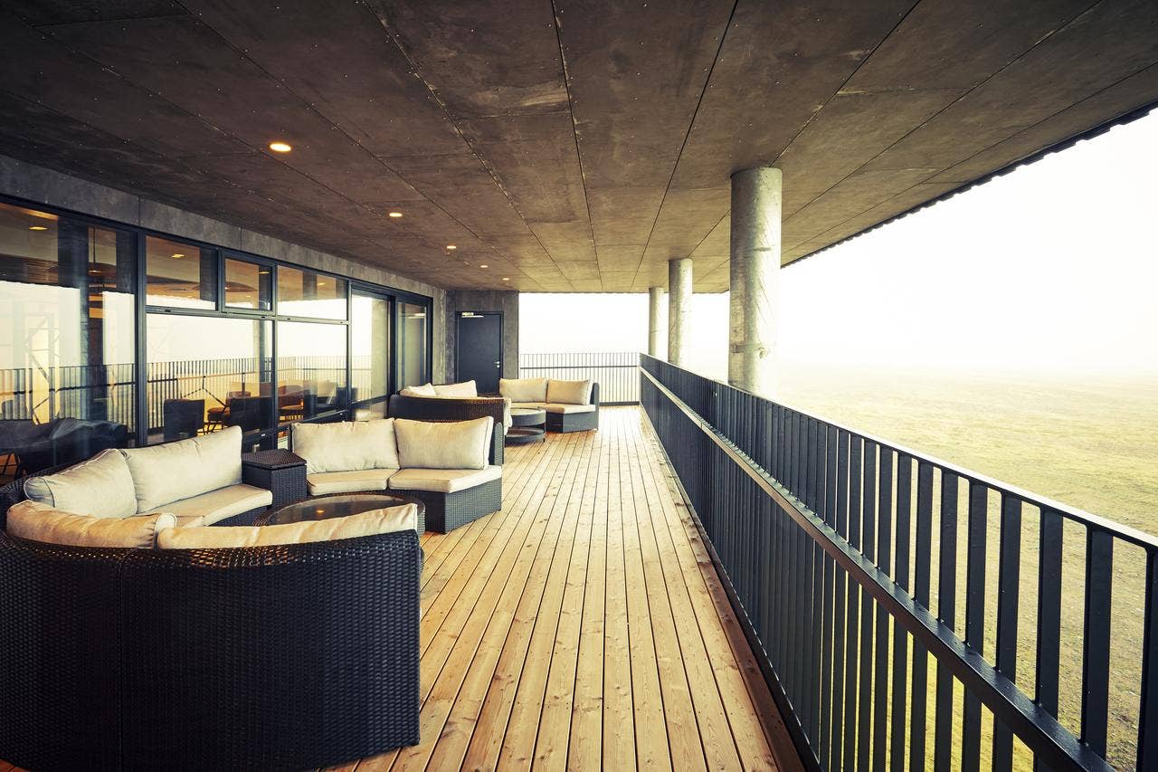 The outdoor terrace at the Fosshotel Glacier Lagoon.