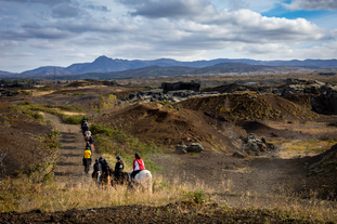 A group of people enjoying a horseback riding tour in Iceland.