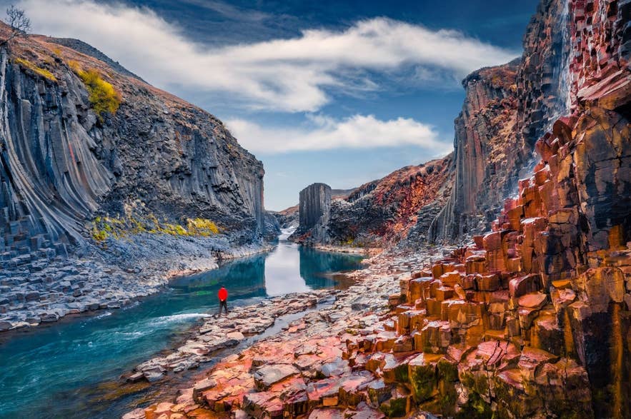 Man in red jacket stands by a turquoise river in Studlagil Canyon, surrounded by curved and reddish basalt columns in East Iceland.