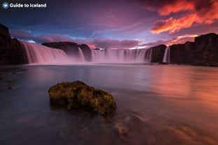 Godafoss waterfall spans around 98 feet in width, with a drop of 39 feet.