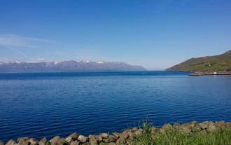 View of the sea with mountains in the background.