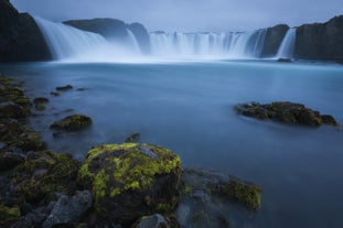 Godafoss waterfall in North Iceland has a short yet wide cascade.