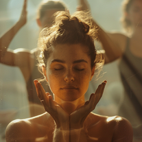 A woman embraces meditation during a yoga class.