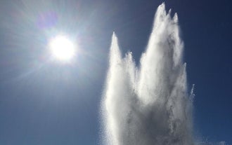 A closer look at the hot water eruption of Strokkur on the Geysir geothermal area.