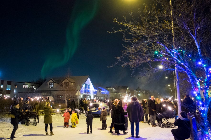 Rare, Nothern Lights over the city of Reykjavik