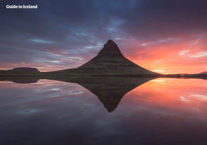 Kirkjufell, pictured at sunset, is better known as the mountain shaped like as an arrowhead.