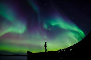 A huge display of aurora shines in the winter skies outside Reykjavik.