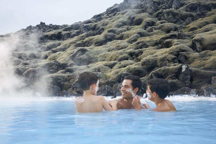 You can put on a silica mud face mask at Blue Lagoon in Iceland You can put on a silica mud face mask at Blue Lagoon in Iceland