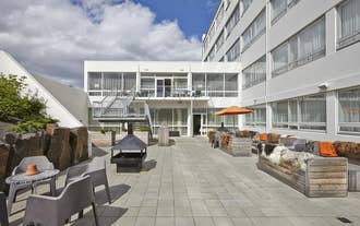 The outdoor deck of Icelandair Hotel Akureyri is a great place to relax.