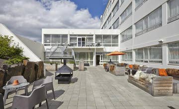 The outdoor deck of Icelandair Hotel Akureyri is a great place to relax.