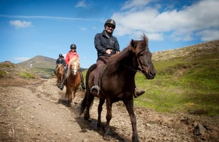 Three people riding Icelandic horses during a tour in Iceland.