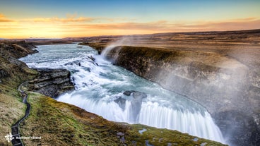 The majestic Gullfoss waterfall features a two-tiered cascade.