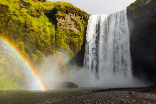 A strong rainbow display shoots from the mist of the Skogafoss waterfall in Iceland.