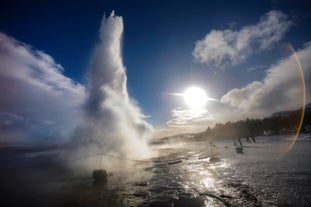 Strokkur geyser erupts to incredible heights in Iceland.