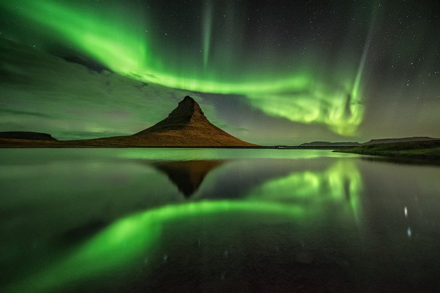 Kirkjufell is a popular spot for northern lights in Iceland