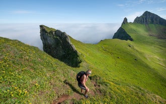 A person hiking on the rugged coastline of the Hornstrandir Nature Reserve.