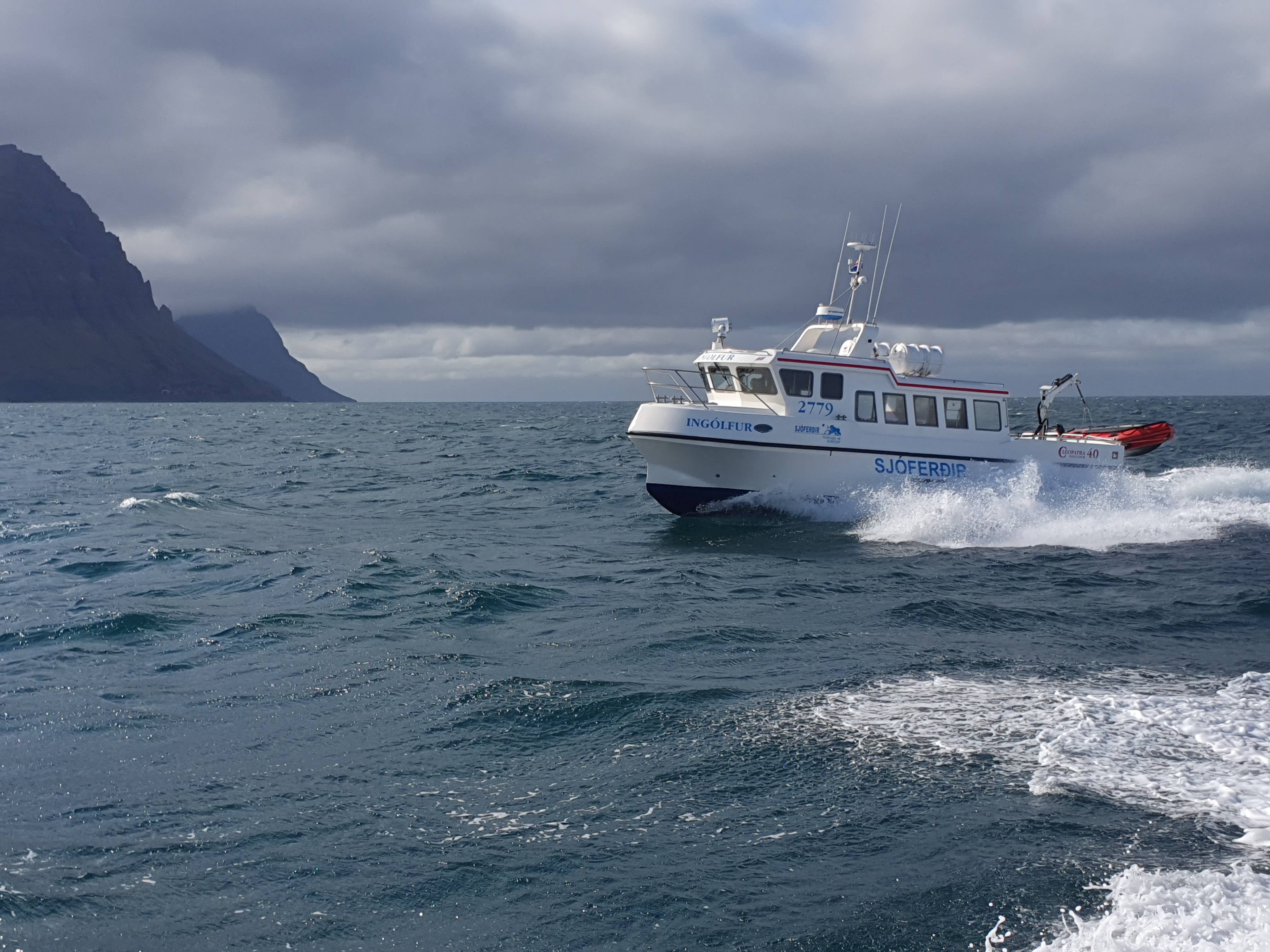A modern Westfjords boat transporting travelers from Hesteyri to Isafjordur.