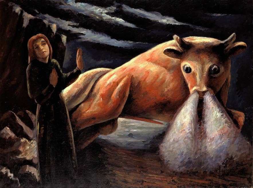 Painting of the ghostly bull Þorgeirsboli exhaling mist, based on Icelandic folklore, created in 1929 by Jón Stefánsson (1881–1962); part of the National Gallery of Iceland collection. Painting of the ghostly bull Þorgeirsboli exhaling mist, based on Icelandic folklore, created in 1929 by Jón Stefánsson (1881–1962); part of the National Gallery of Iceland collection.