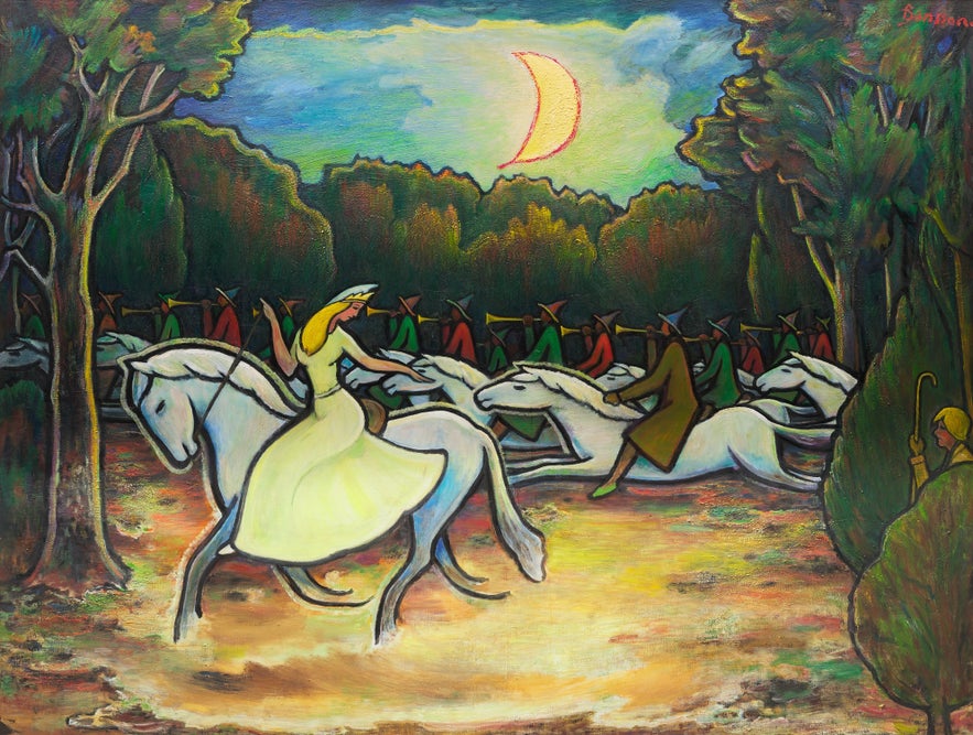 "Stóð ég úti í tungsljósi" painting by Finnur Jónsson, 1960–1970, showing hidden people riding white horses under a crescent moon, moving homes through a forest clearing.
